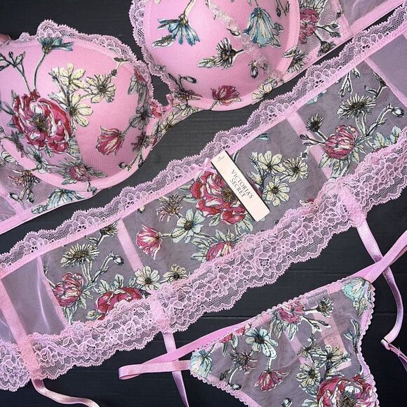 Victoria's Secret 34B BRA SET+garter+thong+S BABYDOLL gown PINK floral appliqué - Picture 10 of 11